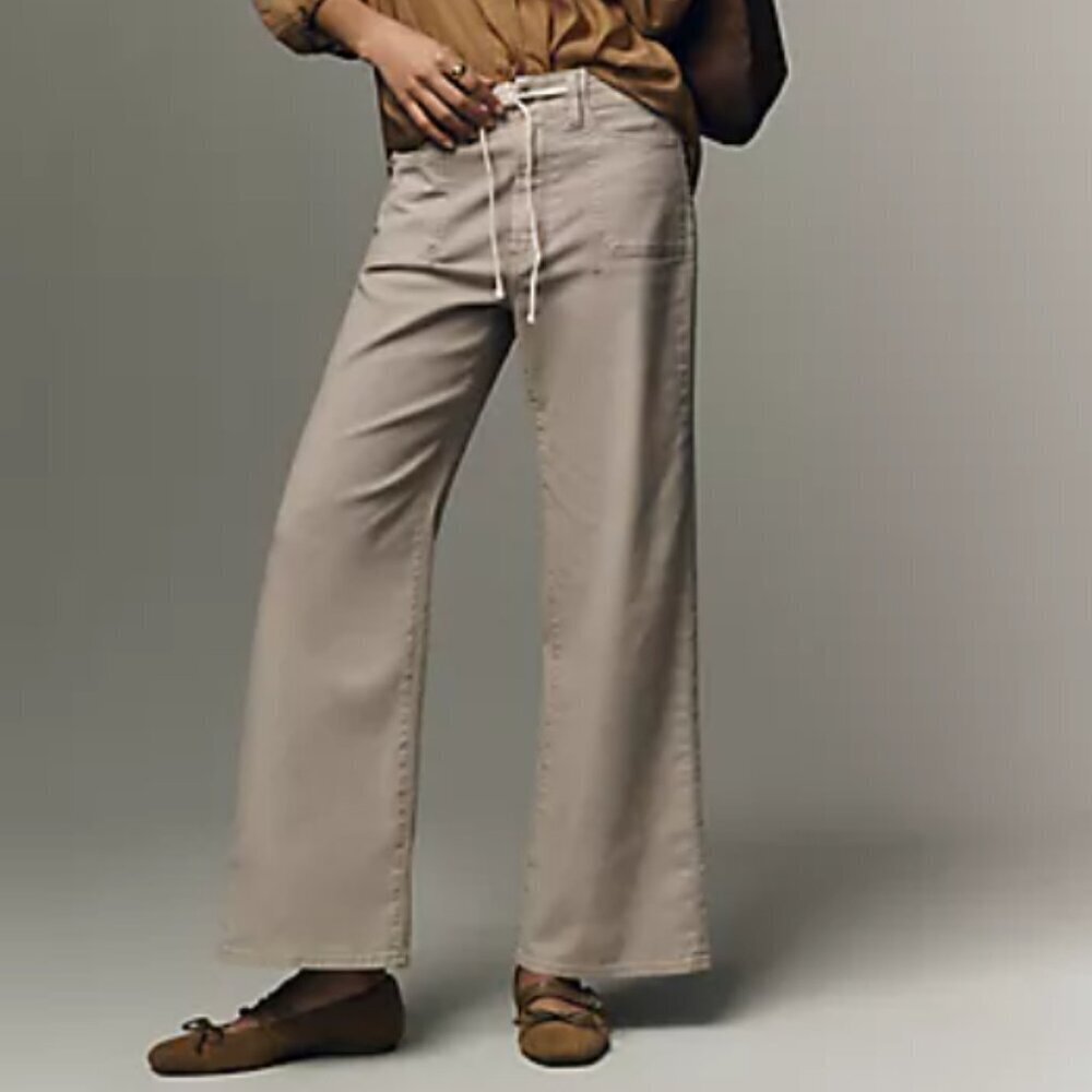 PAIGE Carly Pant High Rise Crop Wide Leg Jean Drawstring Trousers Moss Size 28